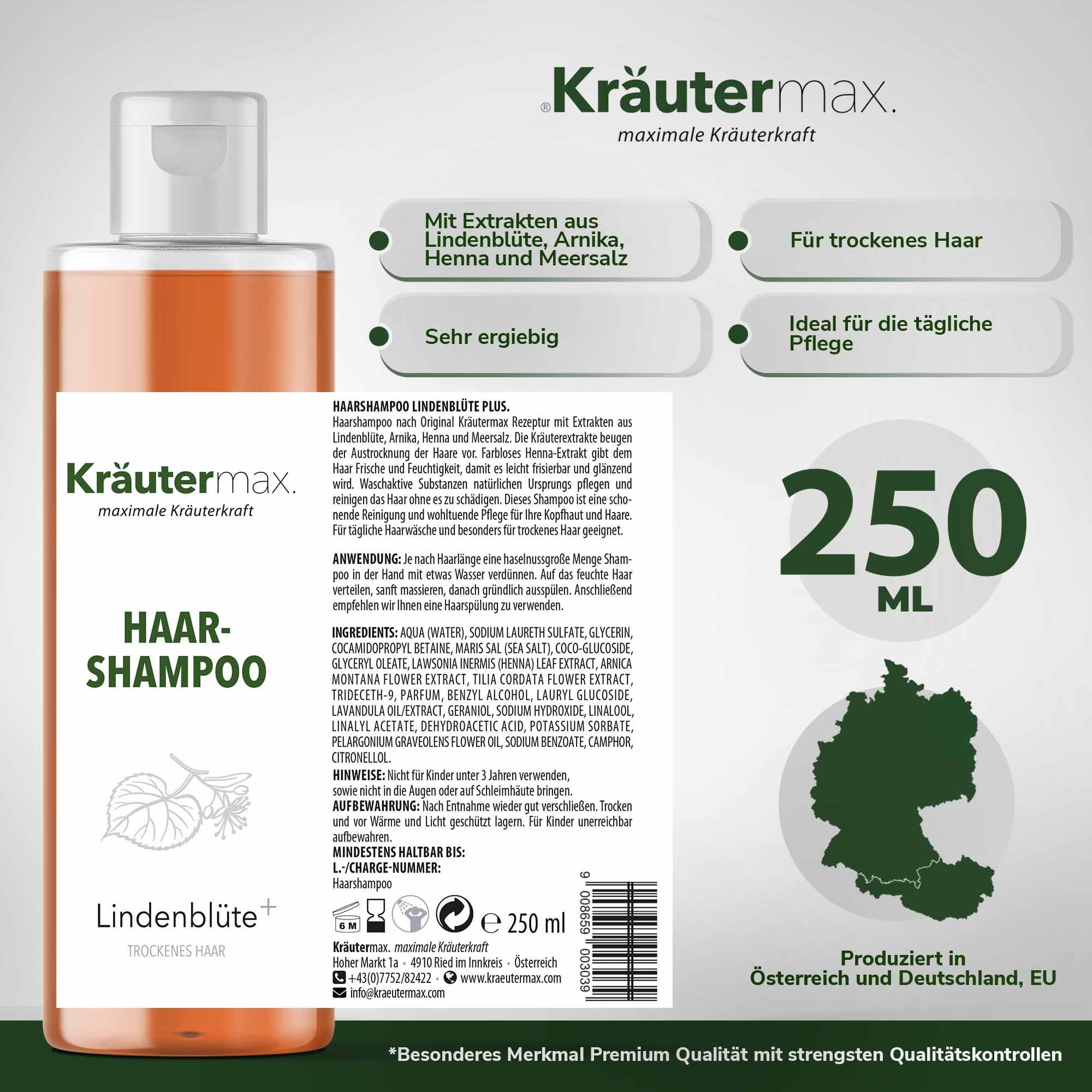 Haarshampoo-Flasche mit Etikett. Text: Kräutermax, Haar-Shampoo, Lindenblüte. 250 ml. Für trockenes Haar. Hergestellt in Österreich und Deutschland.