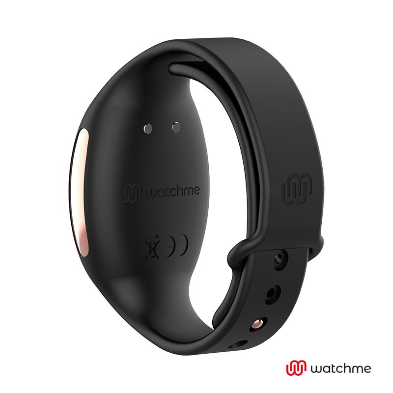 Schwarzes, armbandförmiges Gerät mit roségoldfarbenen Akzenten. Logo "watchme" auf der Rückseite. CE-Kennzeichnung.