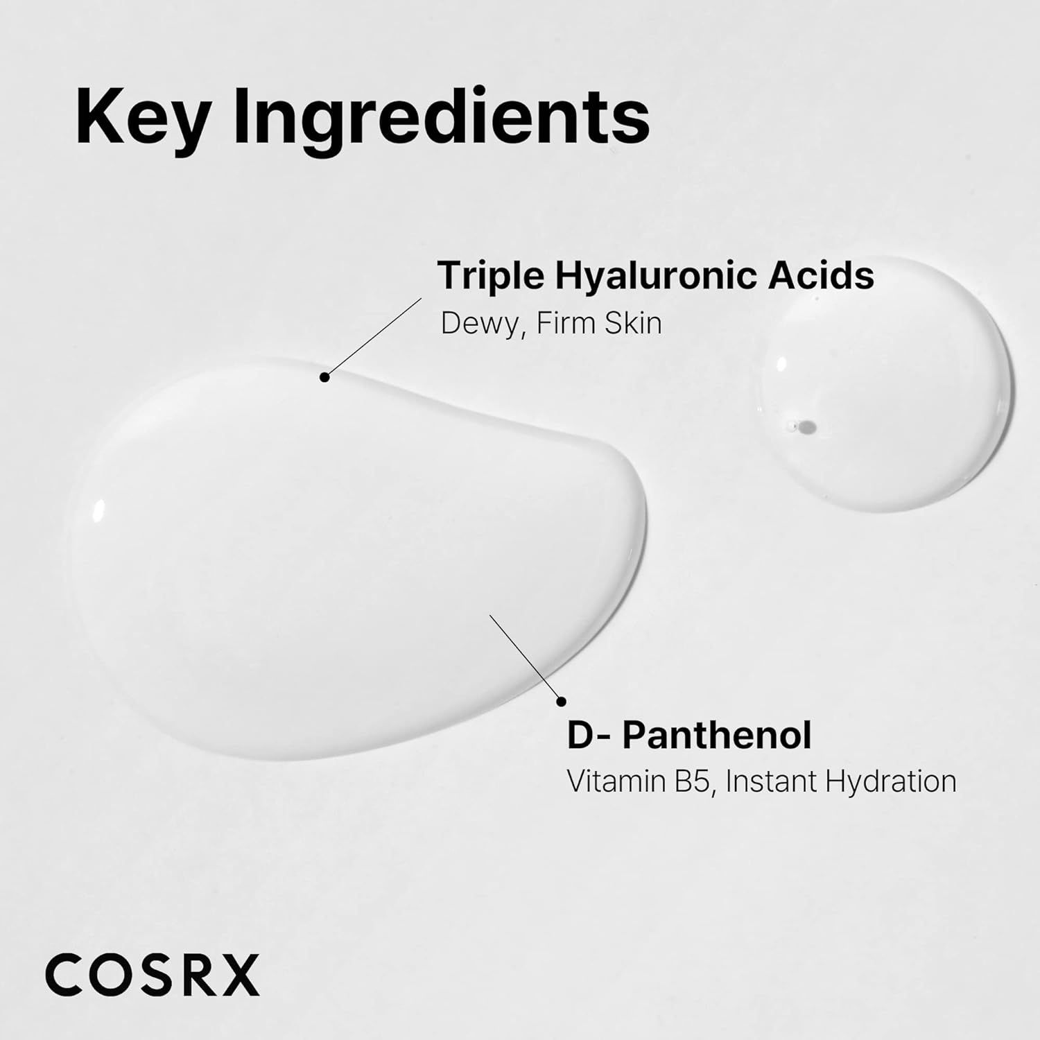 Zwei Tropfen Flüssigkeit neben Text: Triple Hyaluronic Acids, D-Panthenol. Marke COSRX.