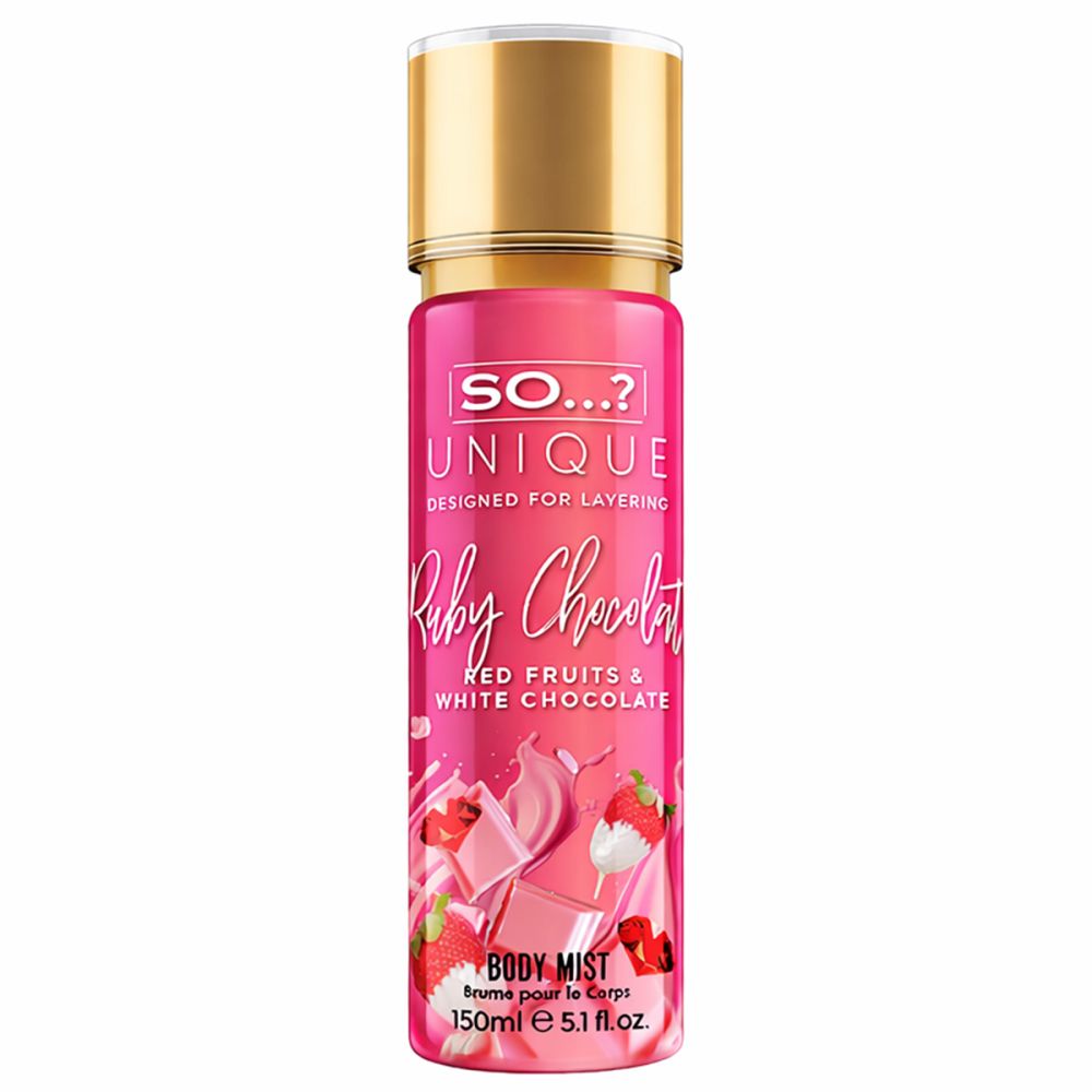 Rosa Flasche mit goldenem Deckel. Text: SO...? UNIQUE, Ruby Chocolate, Red Fruits & White Chocolate. 150ml.