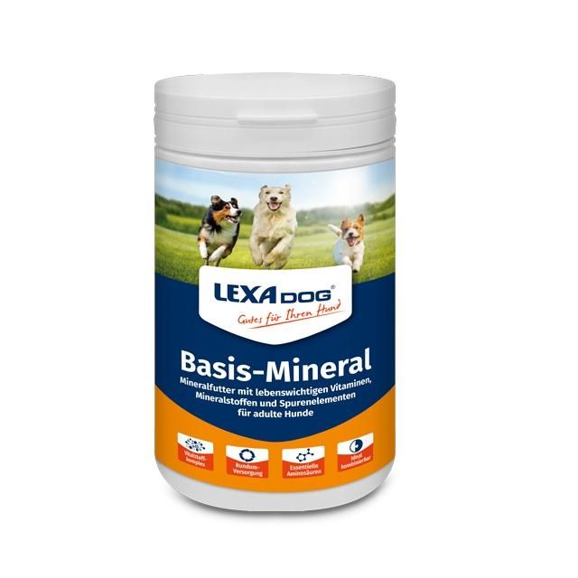 Weiße Dose mit LEXA DOG Basis-Mineral. Etikett mit Hunden, Produktname und Logos. Mineralfutter für Hunde.