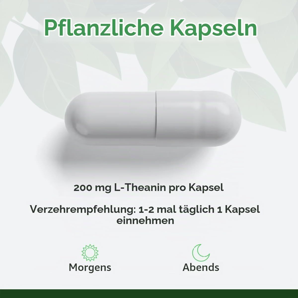 Pflanzliche Kapseln mit L-Theanin, 200 mg pro Kapsel. Verzehrempfehlung: 1-2 Kapseln täglich.