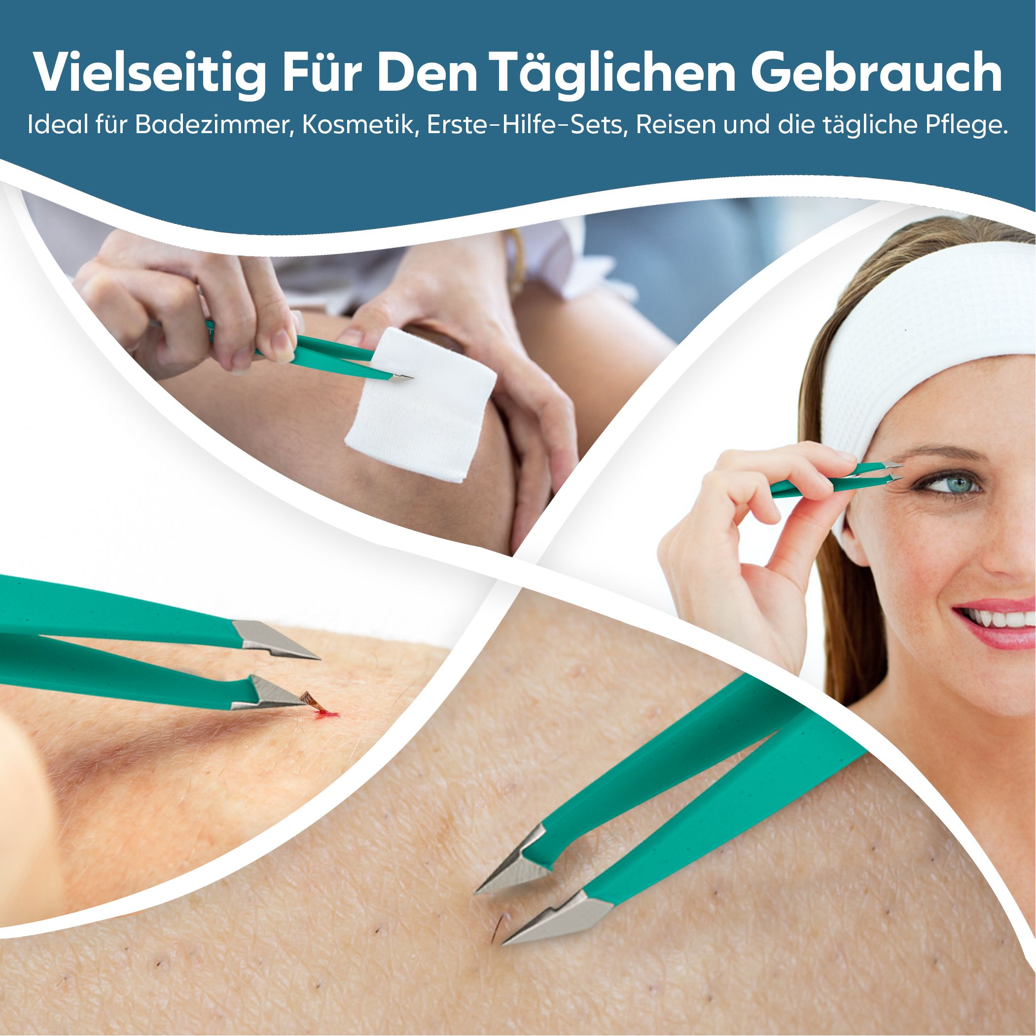 Türkise Pinzette im Einsatz zur Entfernung feiner Haare und Splitter.