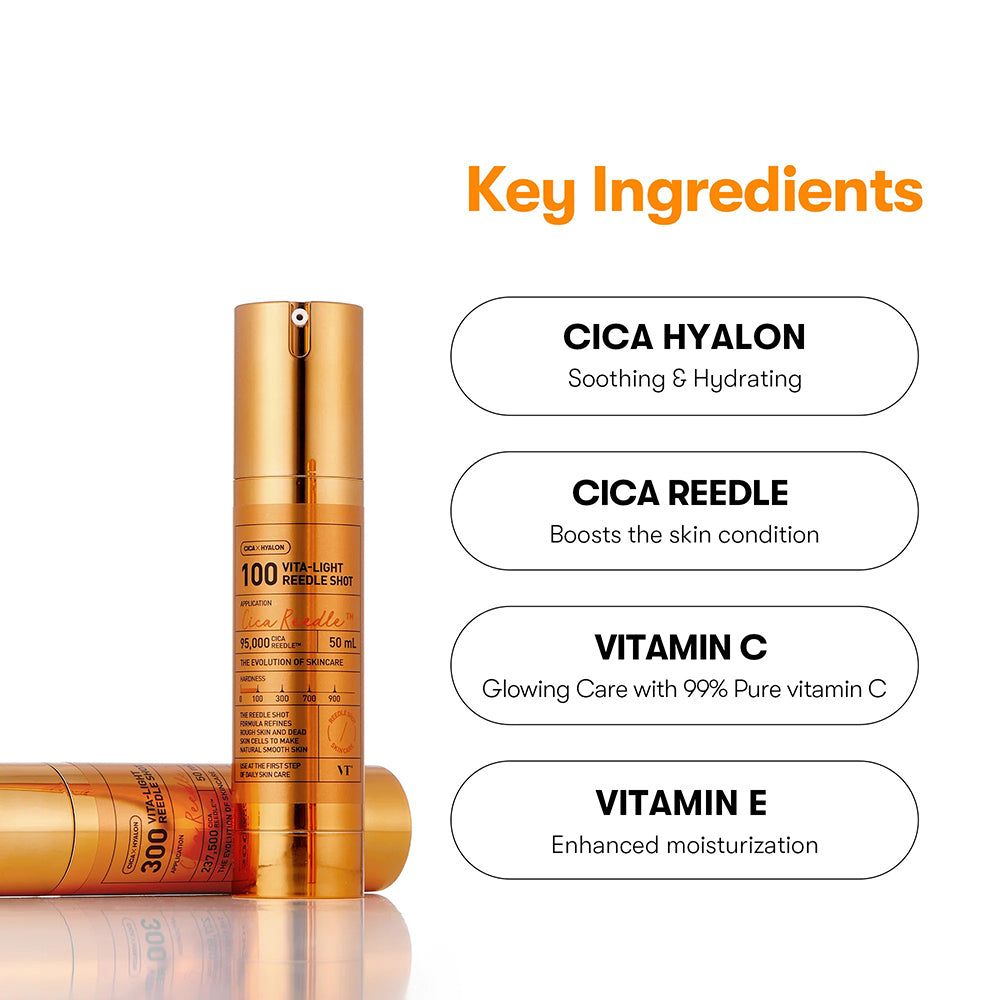 Goldfarbene Flasche "VITA LIGHT REEDLE SHOT". Inhaltsstoffe: CICA HYALON, CICA REEDLE, Vitamin C, E.