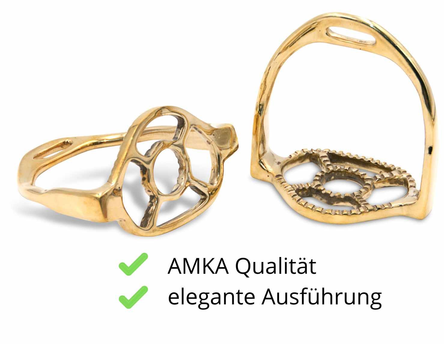 Zwei goldfarbene Steigbügel. Runde Trittfläche mit Muster. Text: AMKA Qualität, elegante Ausführung.