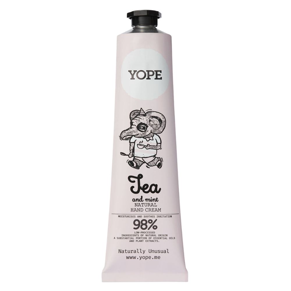 Rosa Tube mit schwarzem Verschluss. Aufdruck: Yope, Illustration eines Elefanten, „Tea and mint Natural Hand Cream“, 98%.