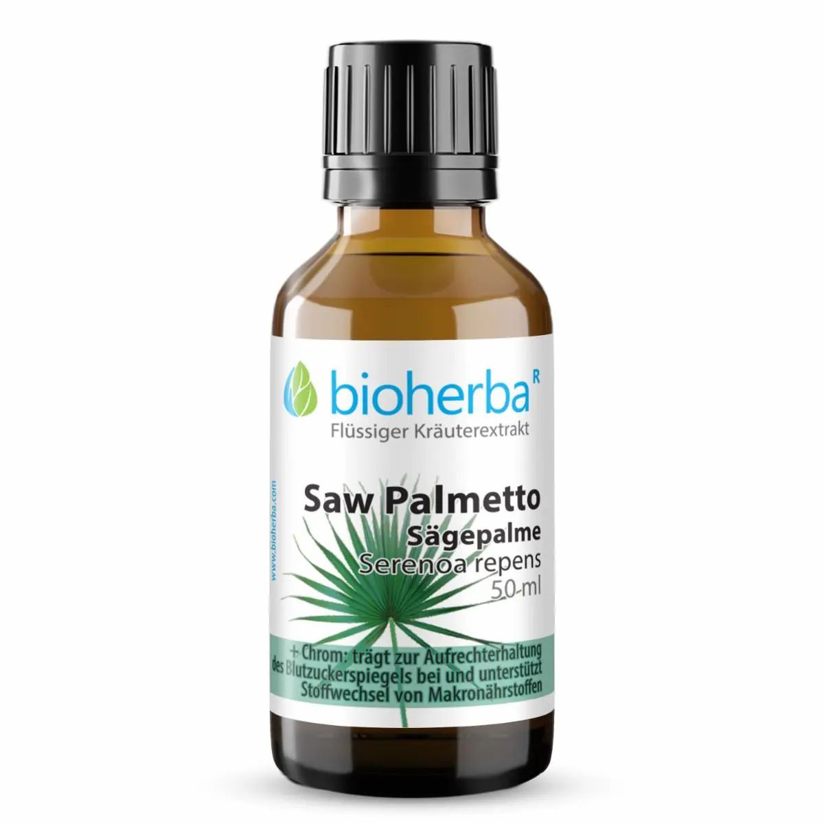 Braune Glasflasche mit schwarzem Deckel. Etikett mit "bioherba" Logo und "Saw Palmetto" Schriftzug.
