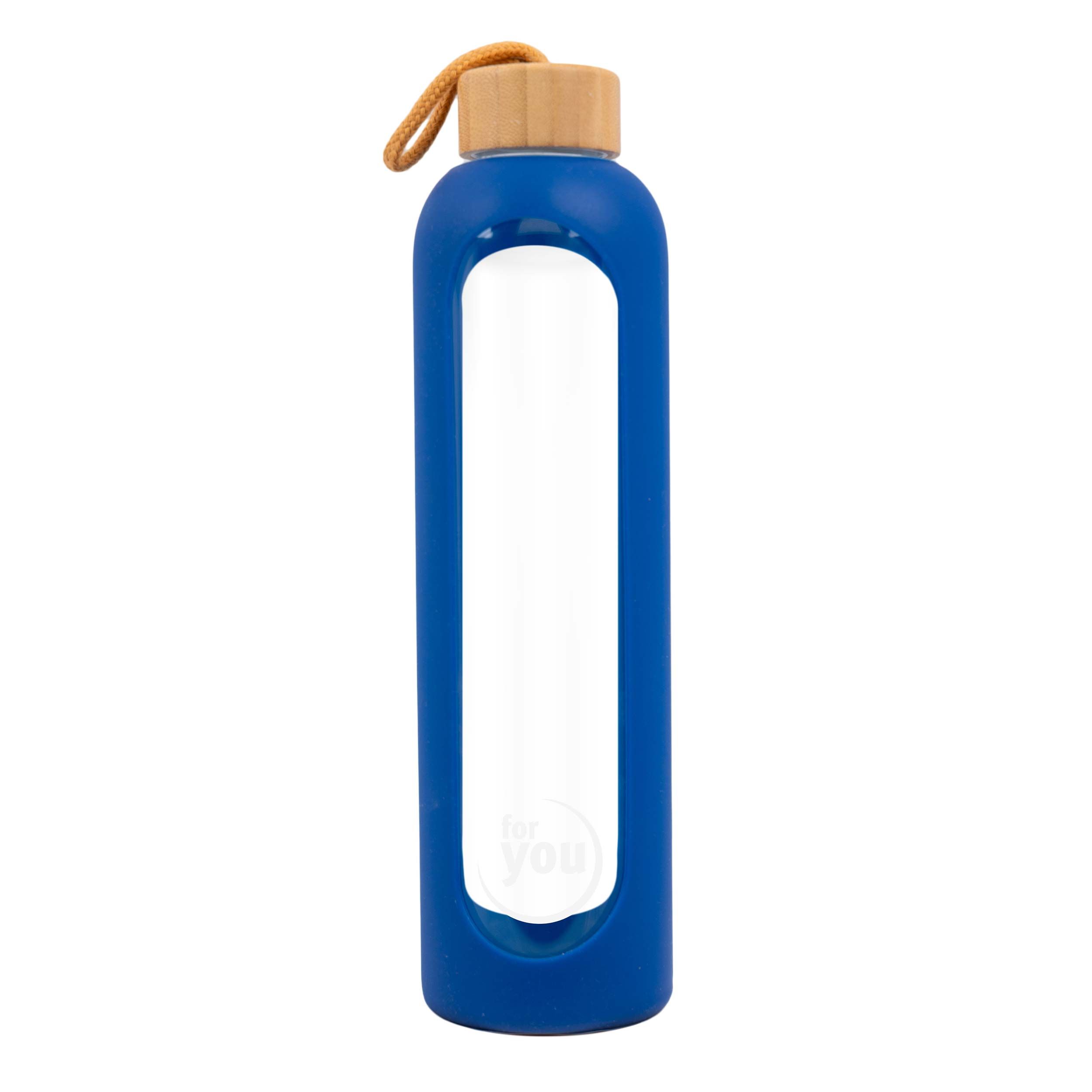 Blaue Glas-Trinkflasche mit Holzdeckel und Trageschlaufe. Enthält ein Sichtfenster.