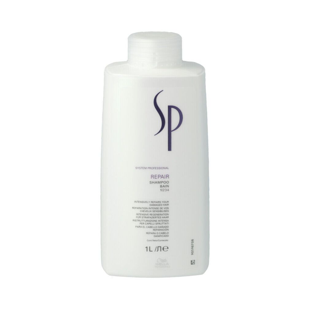 Weißes Shampoo-Flakon mit lila SP-Logo. Text: Repair Shampoo, 1L. Flakon mit weißem Deckel.