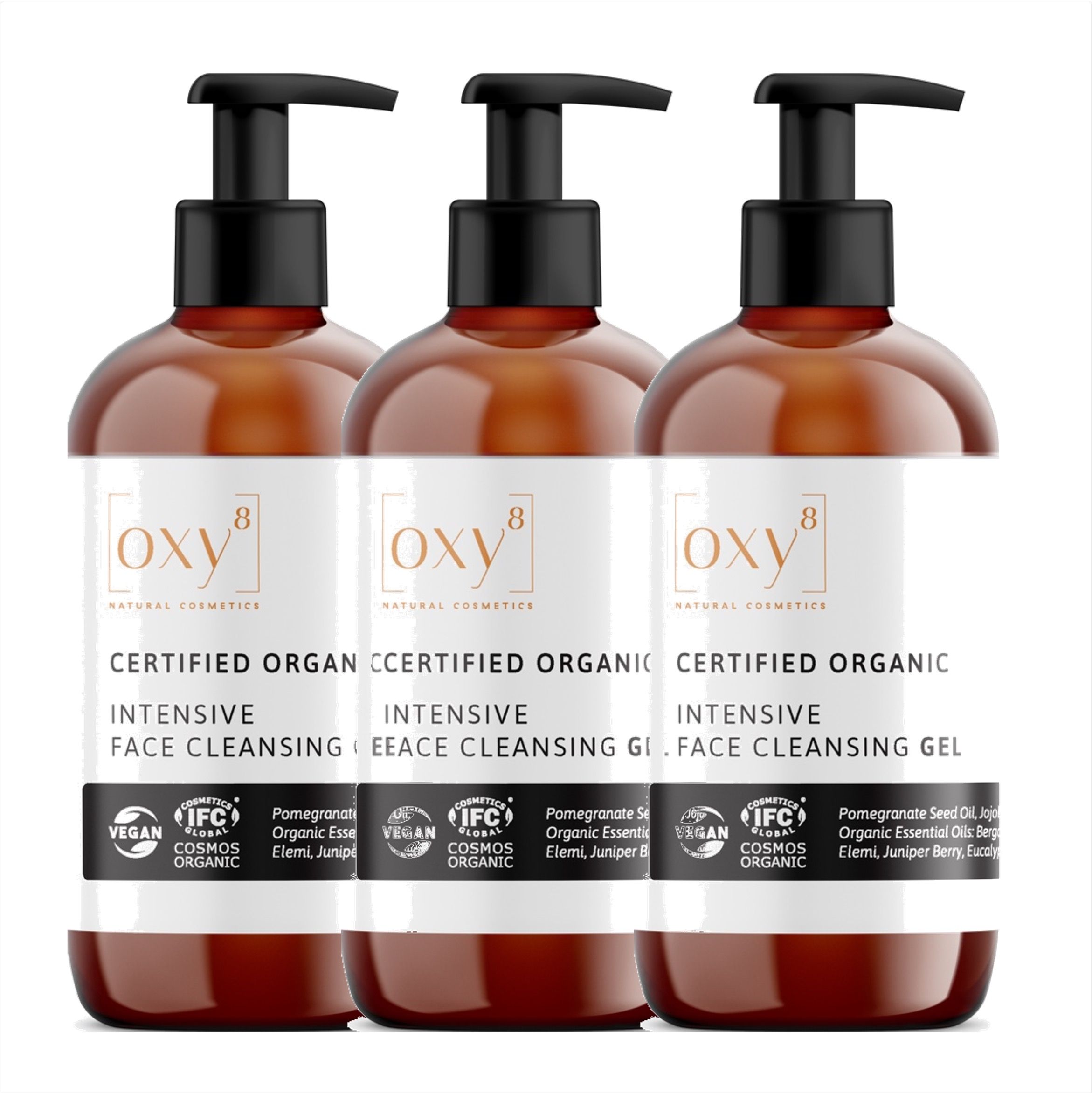 Drei Flaschen Reinigungsgel mit schwarzem Pumpverschluss. Aufschrift: oxy8, INTENSIVE FACE CLEANSING GEL, COSMOS ORGANIC.