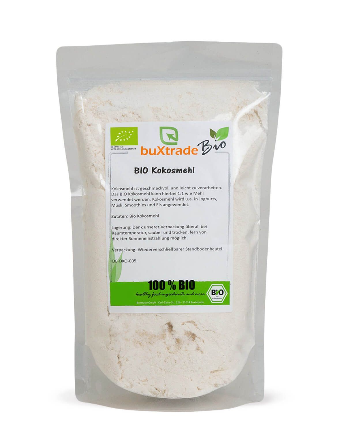 Verpackung mit buXtrade Bio Kokosmehl, 100% BIO Siegel.