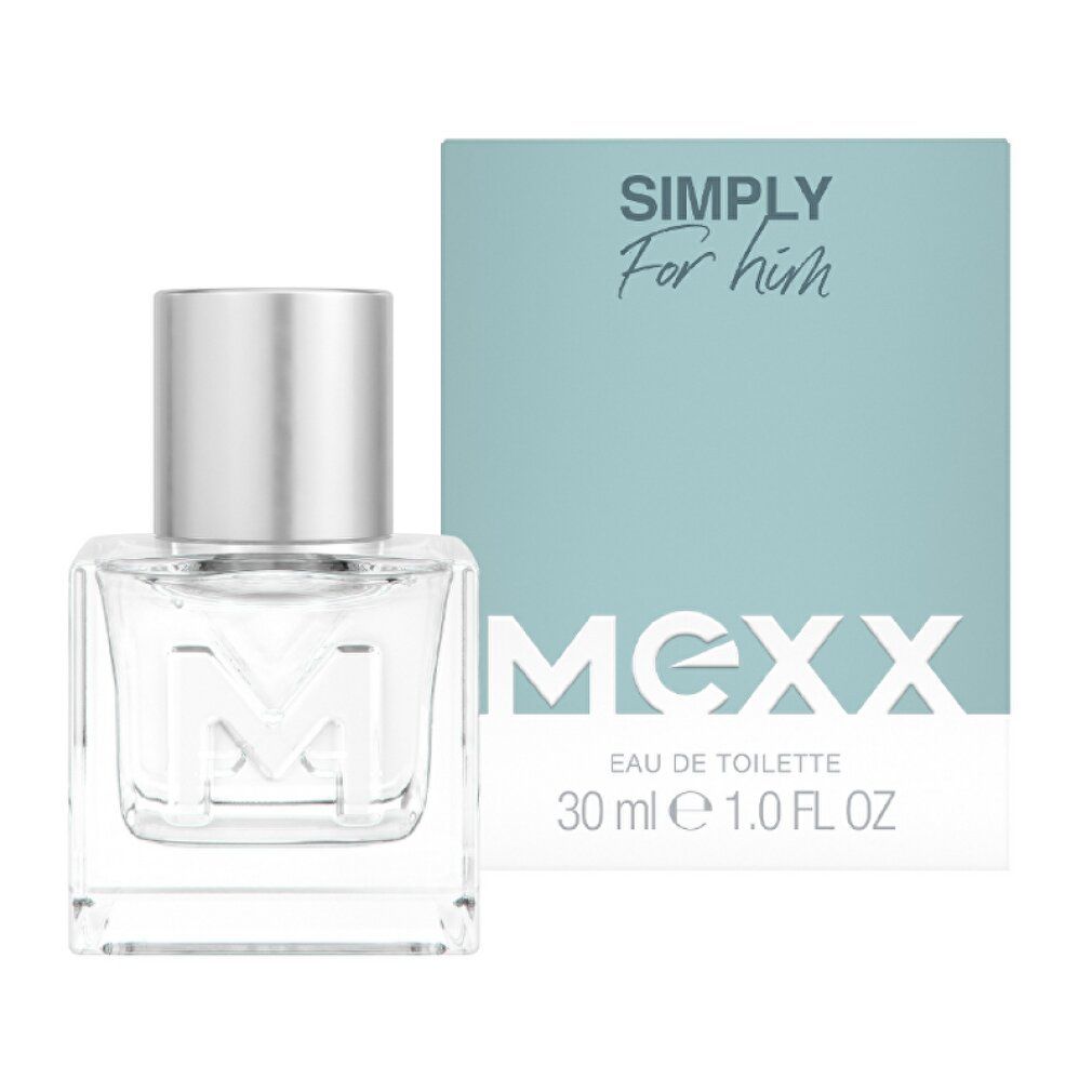 Glasflakon und Verpackung. Auf der Verpackung steht 'MEXX SIMPLY FOR HIM'. 30 ml.