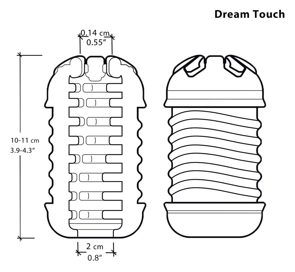 Technische Zeichnung des Produkts Dream Touch. Maße in cm und Zoll angegeben. Seiten- und Draufsicht.
