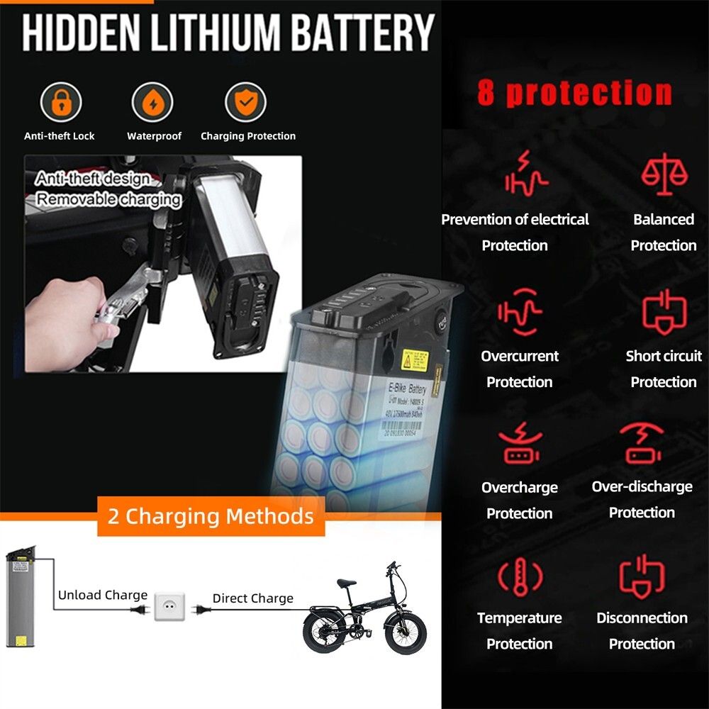 Grafik mit Batterie- und Ladeinformationen. Anti-Diebstahl, wasserdicht, Ladeschutz. 2 Lademethoden.