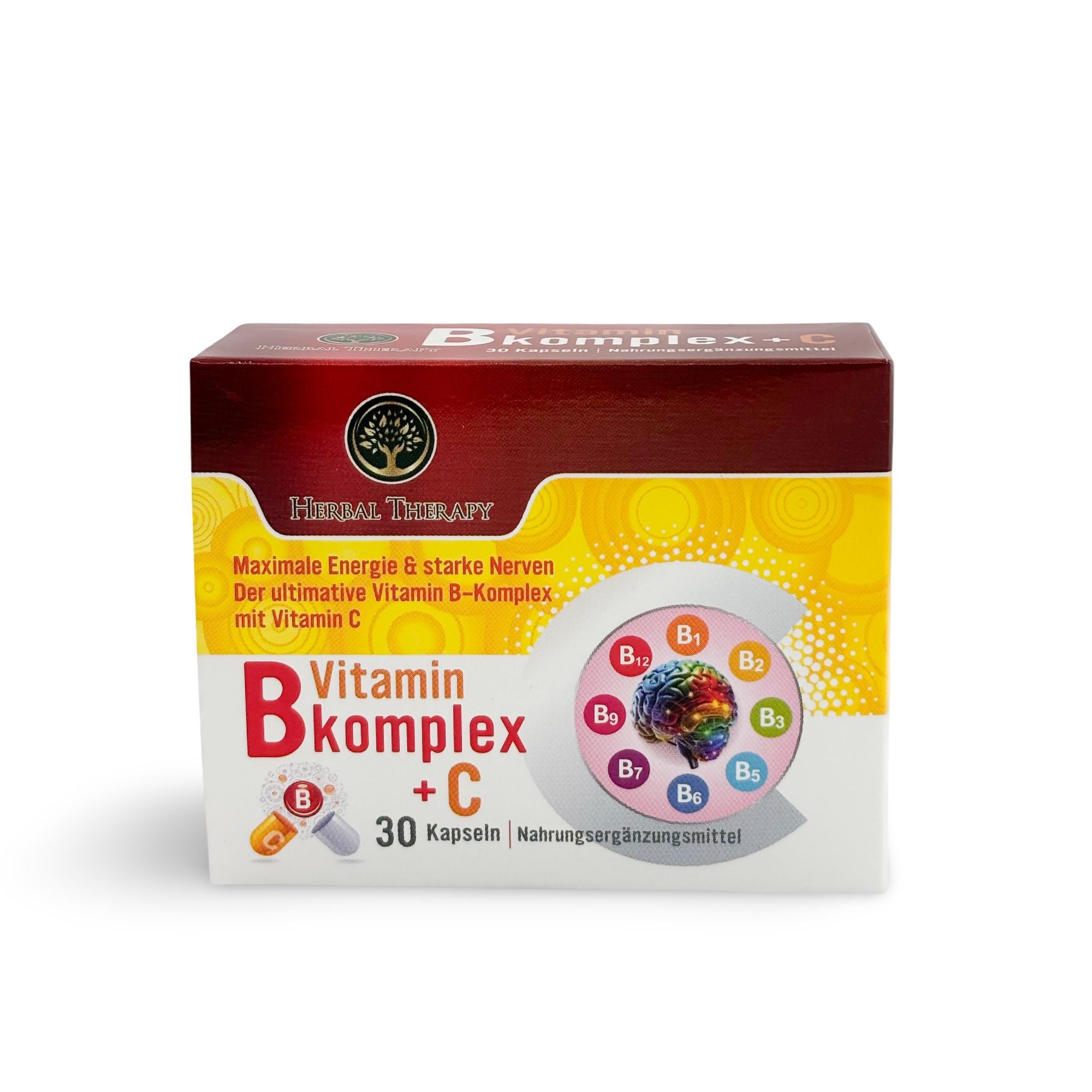 Karton mit Vitamin B-Komplex + C. Aufschrift: Herbal Therapy, Vitamin B-Komplex + C, 30 Kapseln. Illustrationen von Vitaminen und Gehirn.