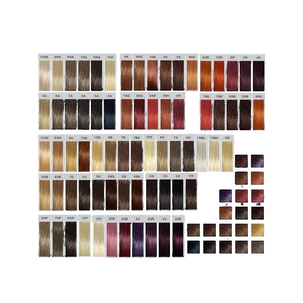 Farbkarte mit Haarfarben-Mustern. Verschiedene Farbtöne in Reihen und Spalten angeordnet.