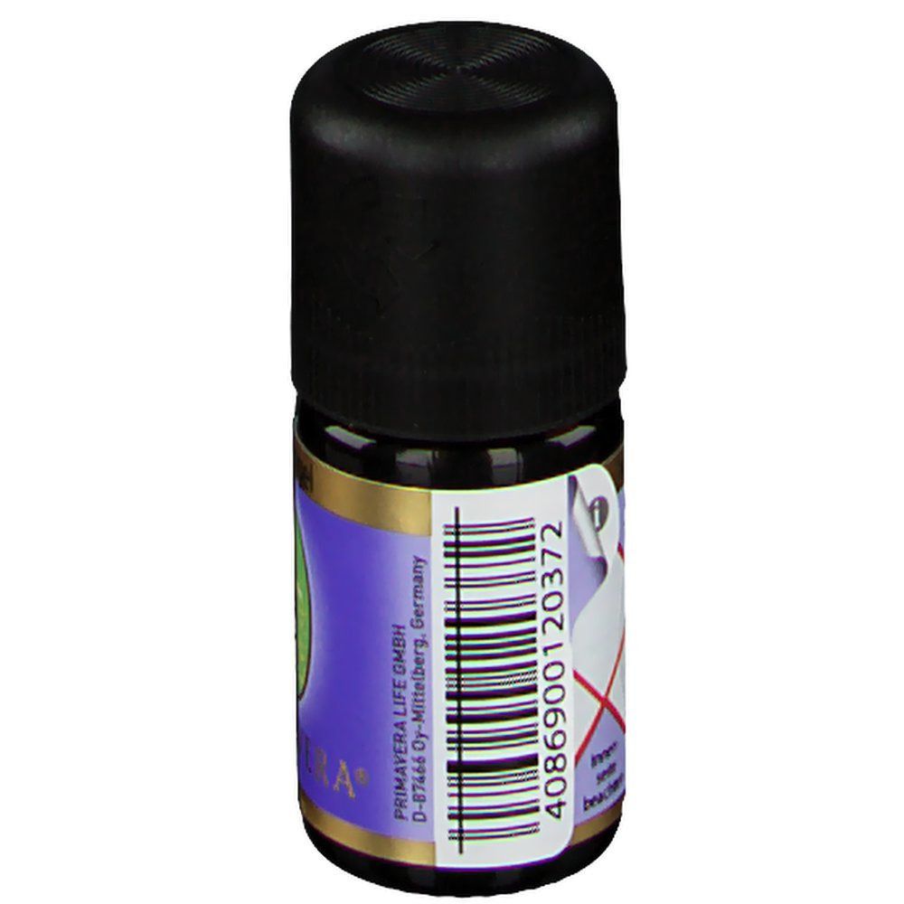Braune Glasflasche mit schwarzem Deckel. Etikett mit Barcode, "PRIMAVERA LIFE GMBH" und Warnhinweisen.