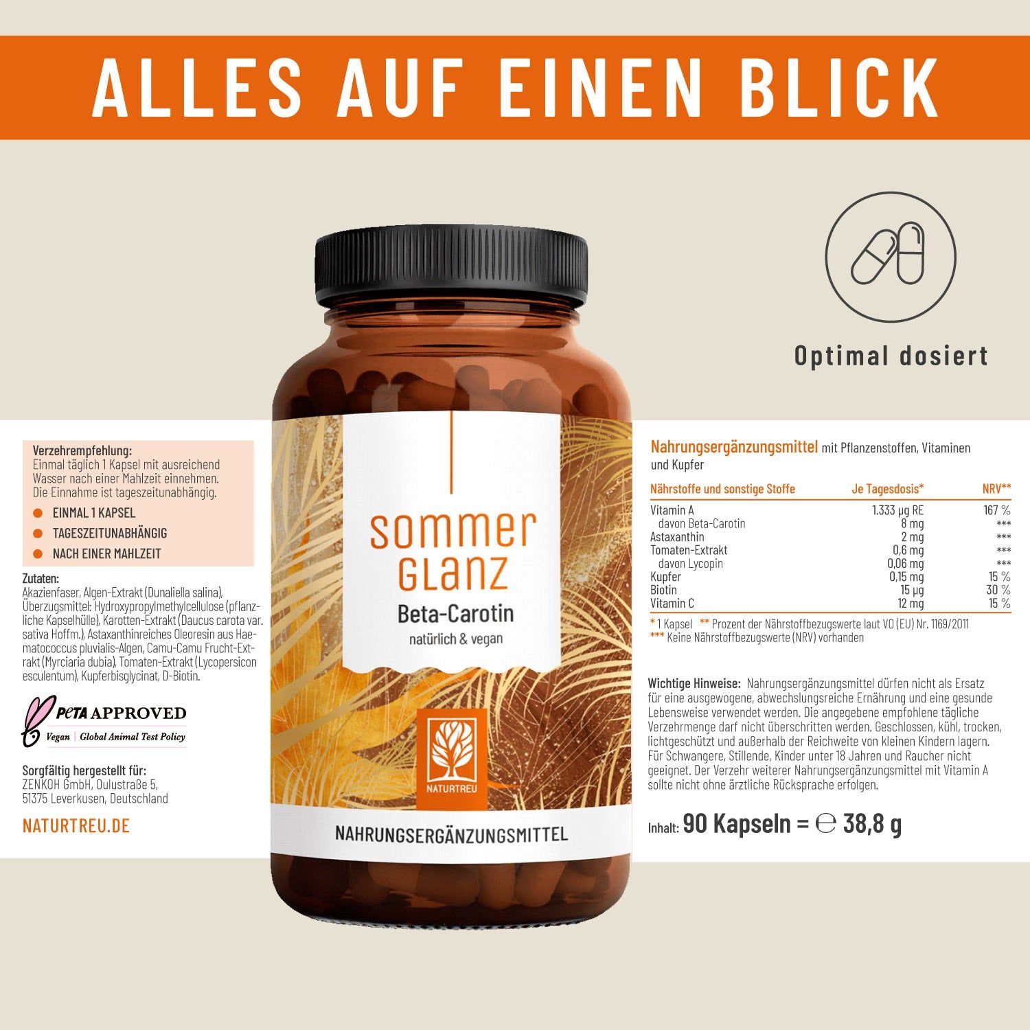 Braune Flasche mit weißem Etikett. Text: Sommerglanz Beta-Carotin, natürlich & vegan. Enthält Nährwertangaben und Dosierungshinweise.