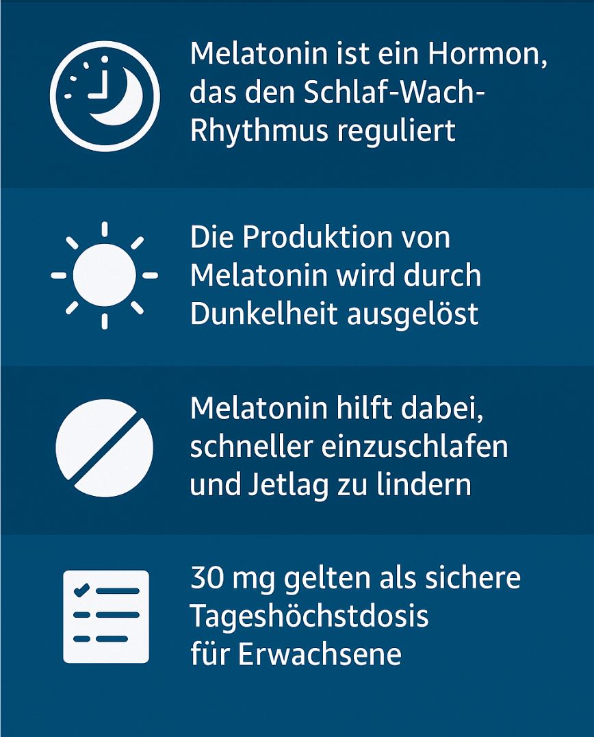 Infografik mit Text und Symbolen. Themen: Melatonin, Schlaf-Wach-Rhythmus, Produktion, 30 mg Tageshöchstdosis.