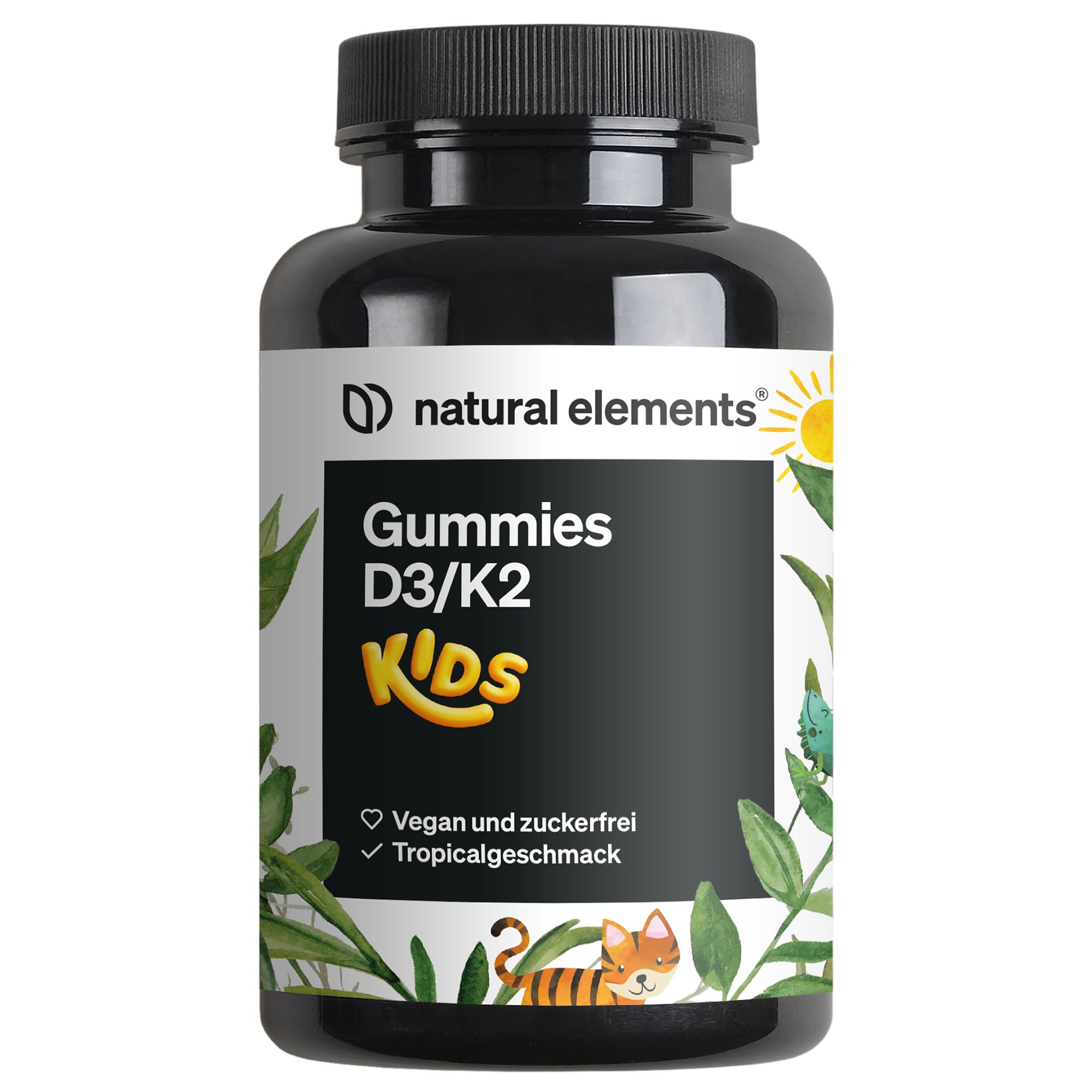 Schwarze Flasche mit Vitamin D3/K2 Gummies KIDS. Aufdruck: natural elements, zuckerfrei, Tropicalgeschmack.