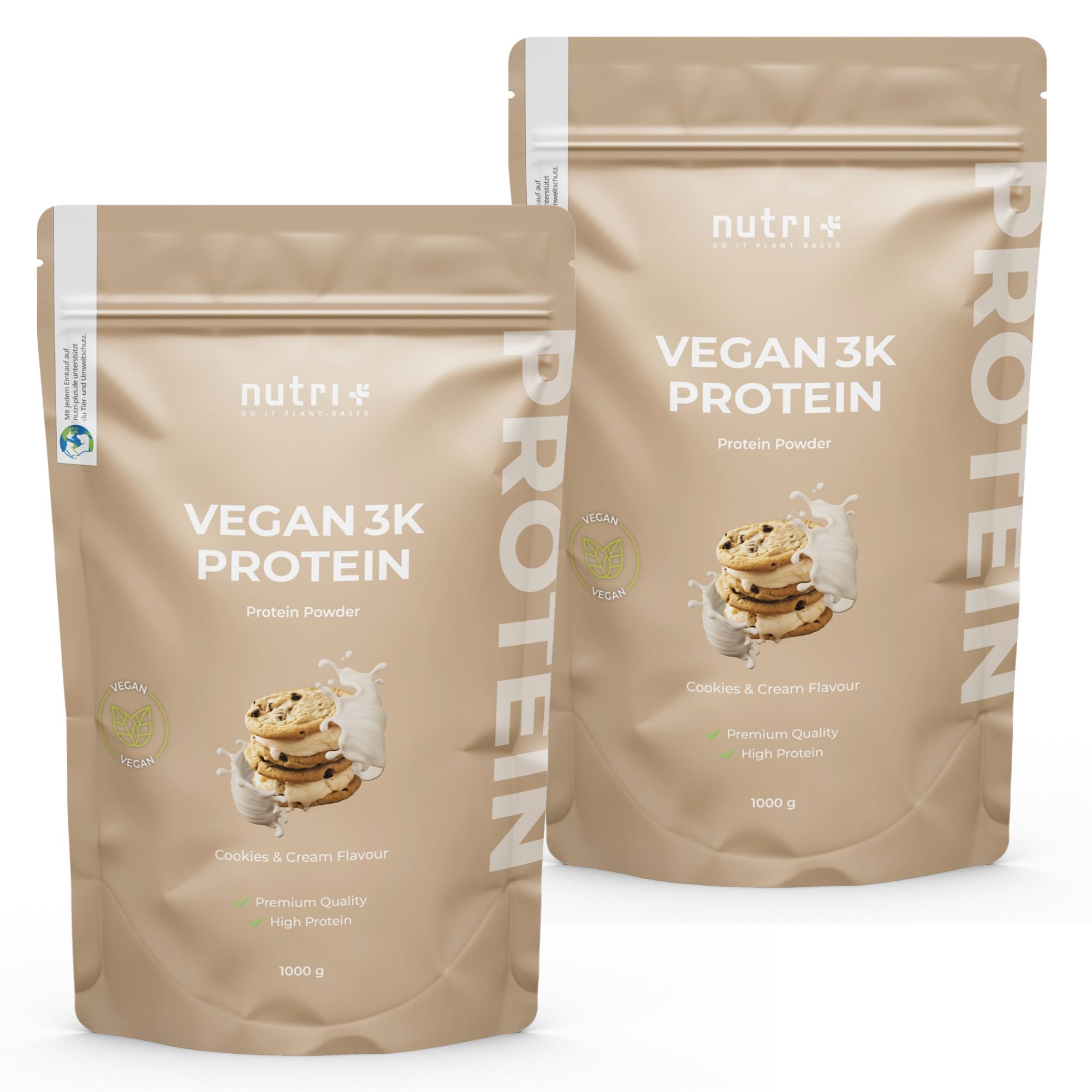 Zwei Beutel nutri+ Vegan 3K Protein, Cookies & Cream. Aufdruck: Vegan, Premium Quality, High Protein. 1000 g.