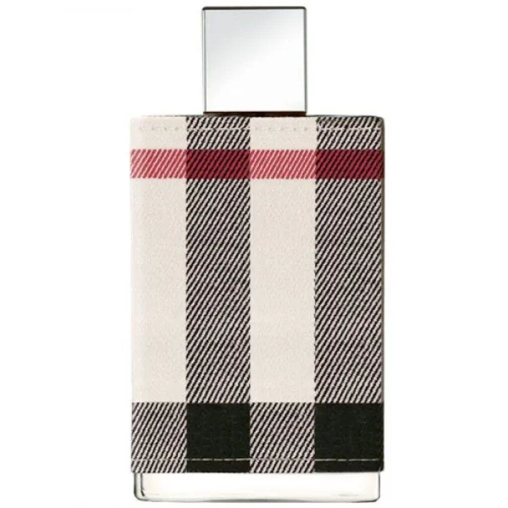 Burberry London for Her Eau De Parfum Spray-Flakon. Rechteckige Form, Karomuster. Silberner Verschluss. Glasflakon mit Stoffbezug.