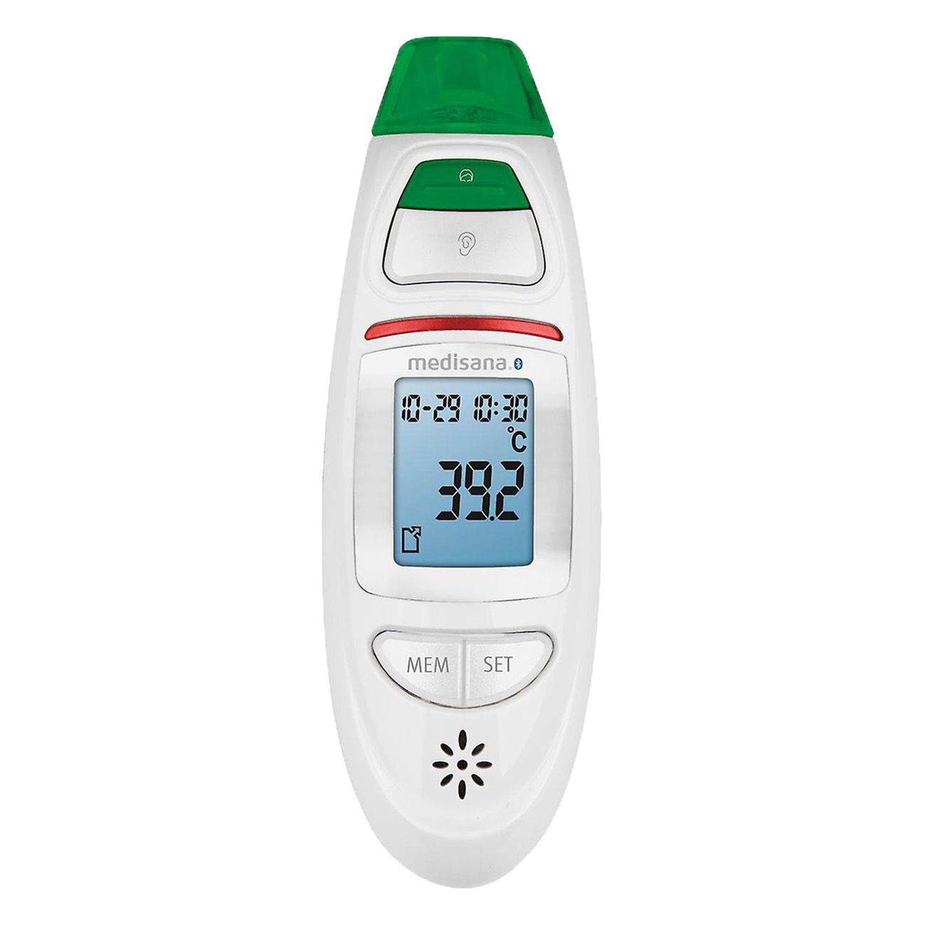 Weißes Fieberthermometer mit grünem Kopf. Digitalanzeige mit Temperatur. Knöpfe: MEM, SET. Marke: medisana.