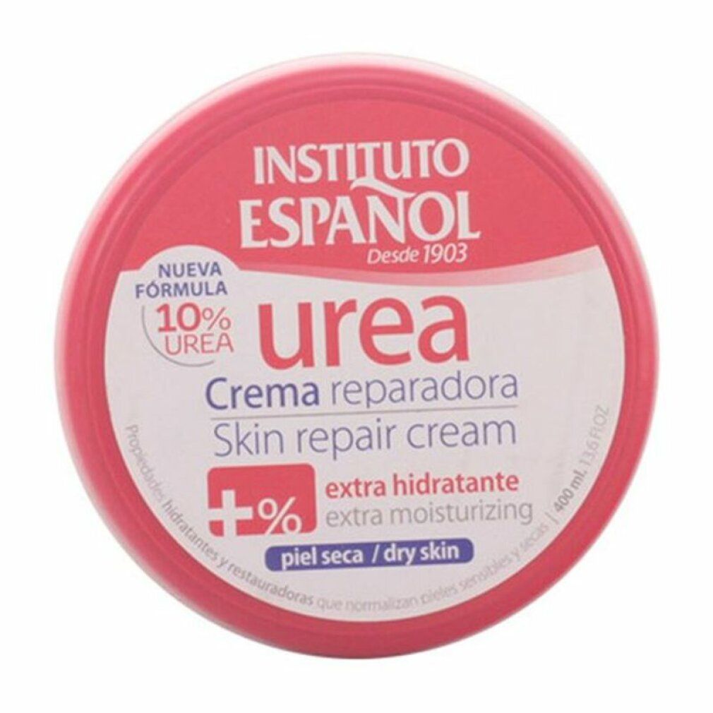Runde Dose mit rosa Deckel. Aufschrift: Instituto Español, Urea, Creme reparadora, Skin repair cream. 10% Urea, extra hydratante.