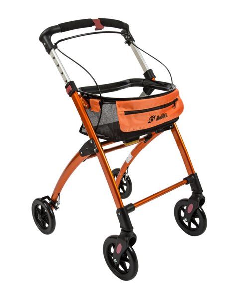 Orangener Indoor-Rollator mit Korb. Vier Räder, schwarze Griffe und Rahmen. Logo "Mobilex".