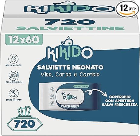 Karton mit Kikido Feuchttüchern. Aufschrift: 12x60, 720 Tücher. Enthält Hinweise auf alkoholfrei, empfindliche Haut und Made in Italy.