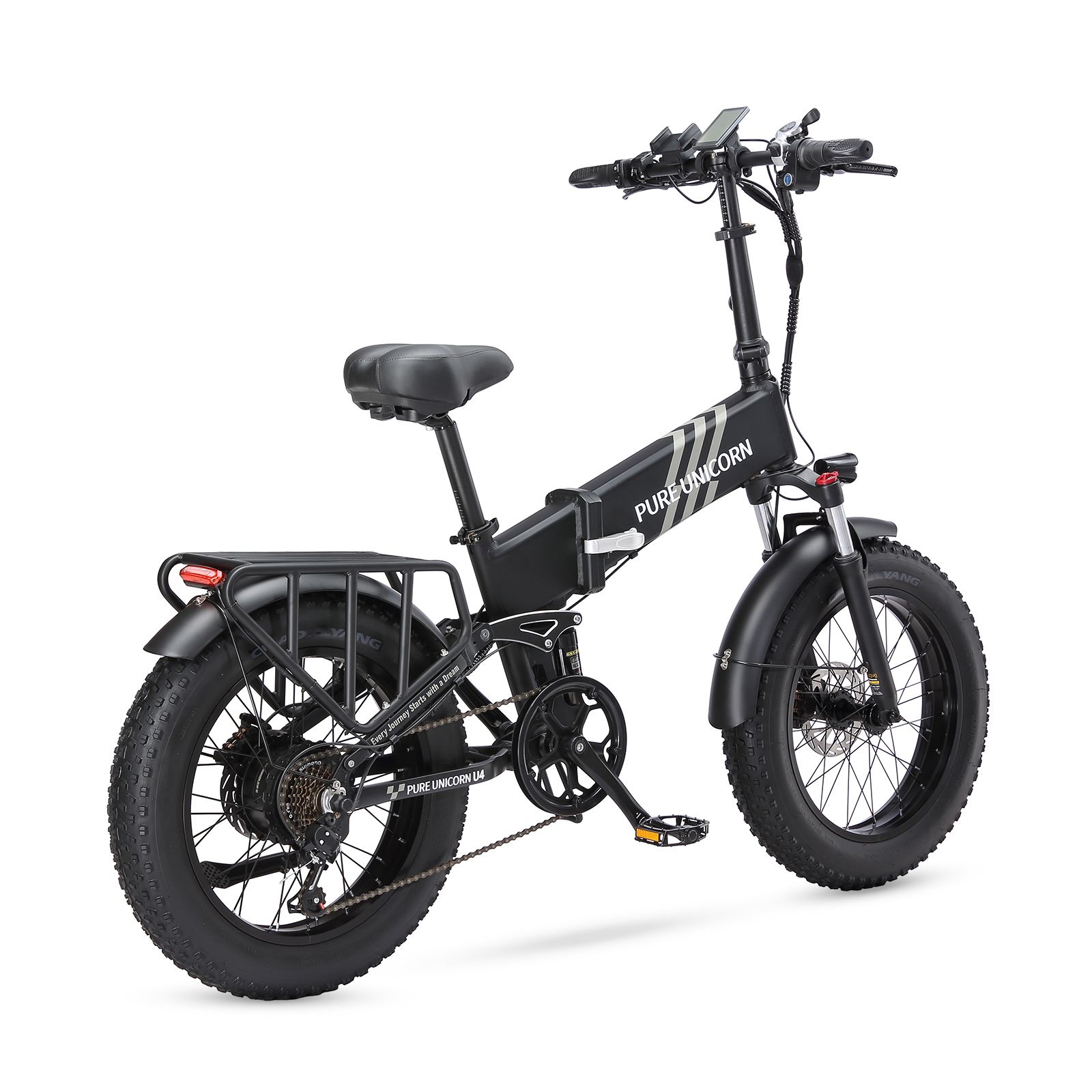 Schwarzes, faltbares E-Bike mit breiten Reifen. Marke PURE UNICORN. Gepäckträger und Rücklicht.