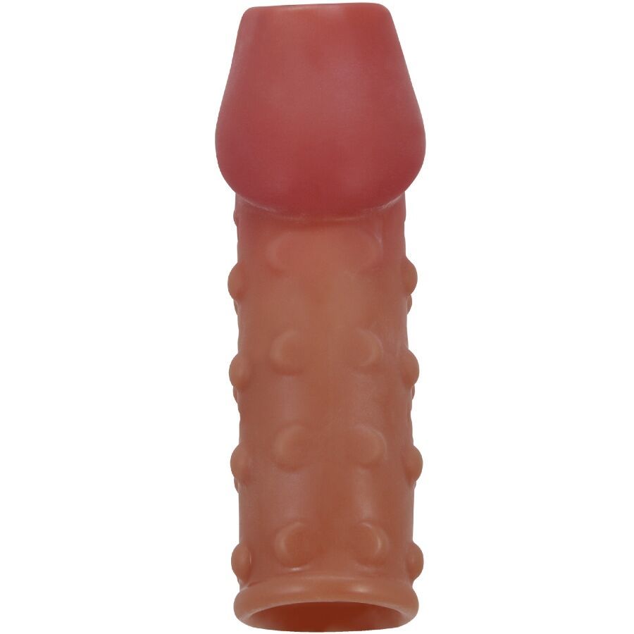 Penisverstärker aus braunem Material mit Noppen und roter Spitze. Vertikale Ansicht.