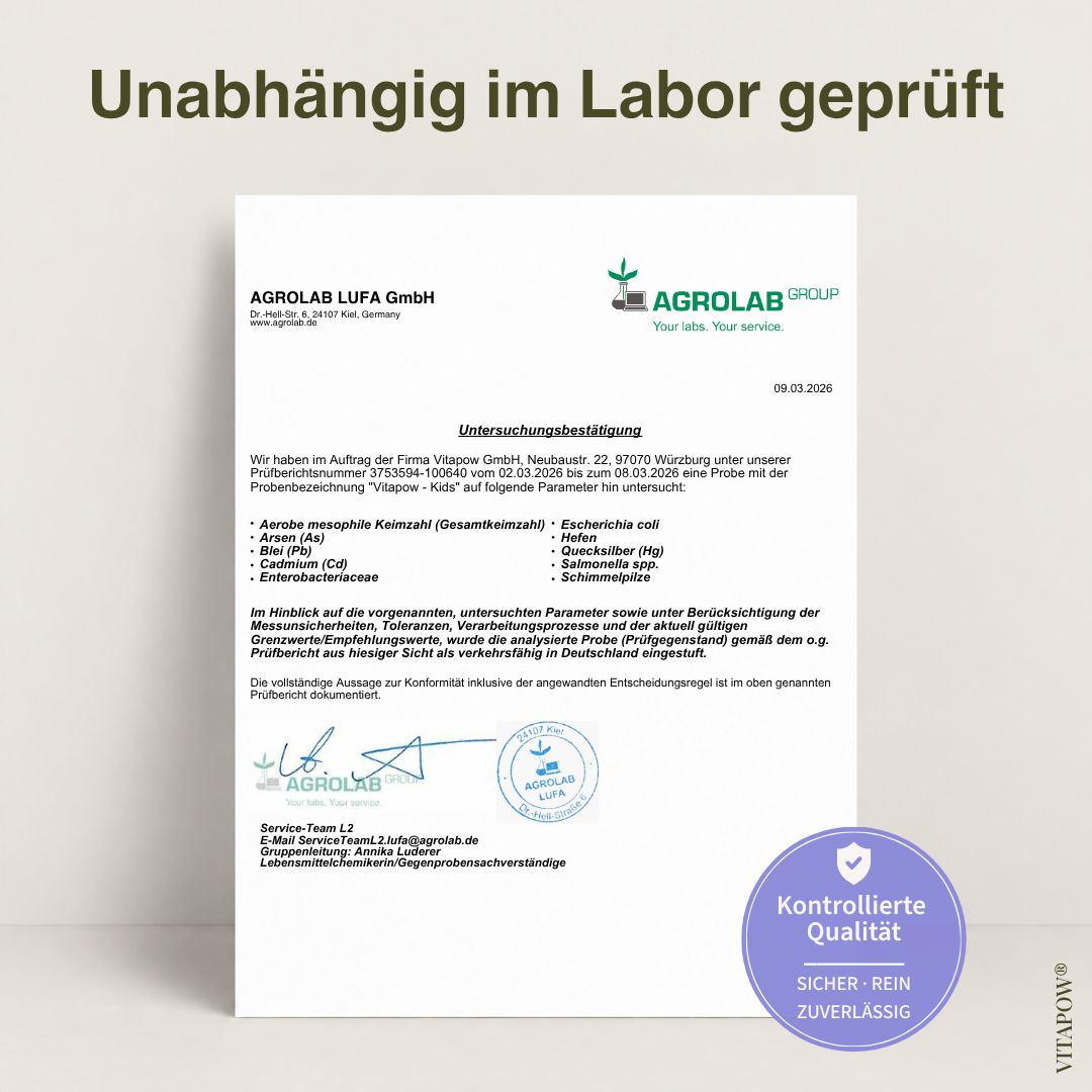 Laborbericht von Agrolab für Vitapow Kids mit Siegel 'Kontrollierte Qualität'.