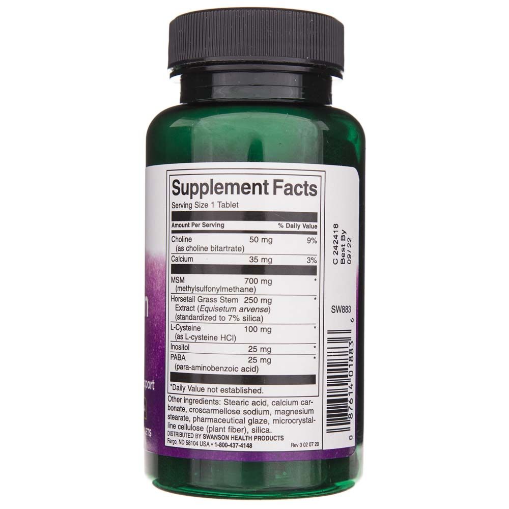 Grüne Pillendose mit "Supplement Facts"-Etikett, das Inhaltsstoffe wie Cholin, Kalzium, MSM und L-Cystein auflistet.