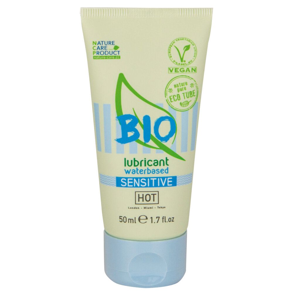 Tube mit Produktbezeichnung BIO, Aufschrift "lubricant waterbased SENSITIVE HOT". Vegan-Siegel. Blaue Verschlusskappe.