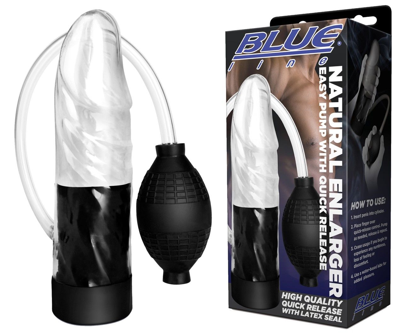 Penispumpe mit Saugglocke, schwarz-transparent. Mit Pumpe, Schlauch und Verpackung. Aufschrift: Blue Line, Natural Enlarger.