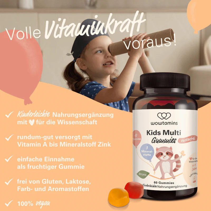 Kind schaut durch ein Rohr, Flasche WOWTAMINS Kids Multi Gummies, 60 Stück, vegan, fruchtig.