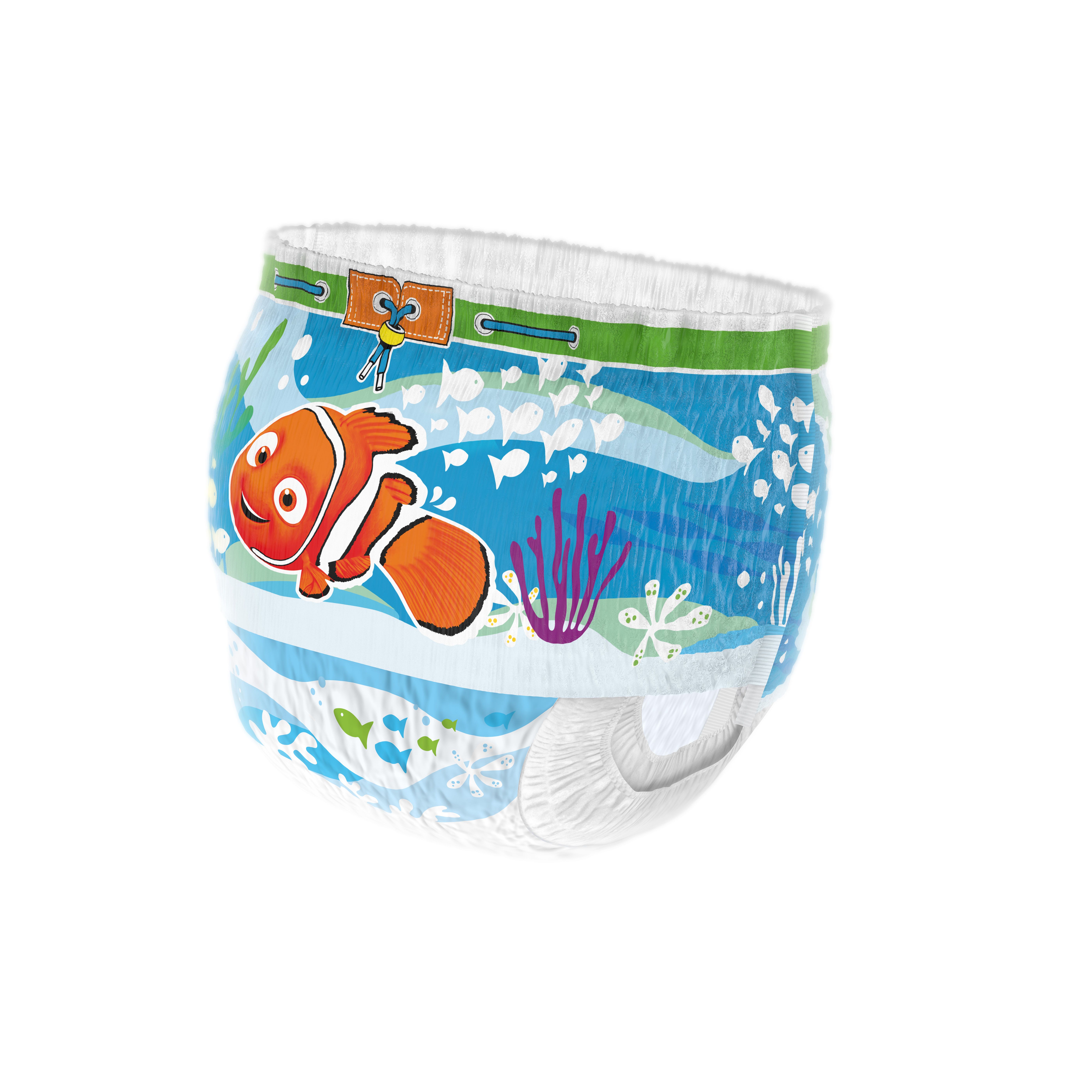Huggies Little Swimmers Schwimmwindel. Blau mit Nemo-Motiv. Elastische Beinbündchen. Weiße Innenseite.