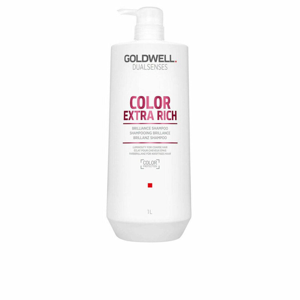 Weiße Shampoo-Flasche mit Pumpe. Aufschrift: Goldwell Dualsenses Color Extra Rich. Brilliance Shampoo. 1L.