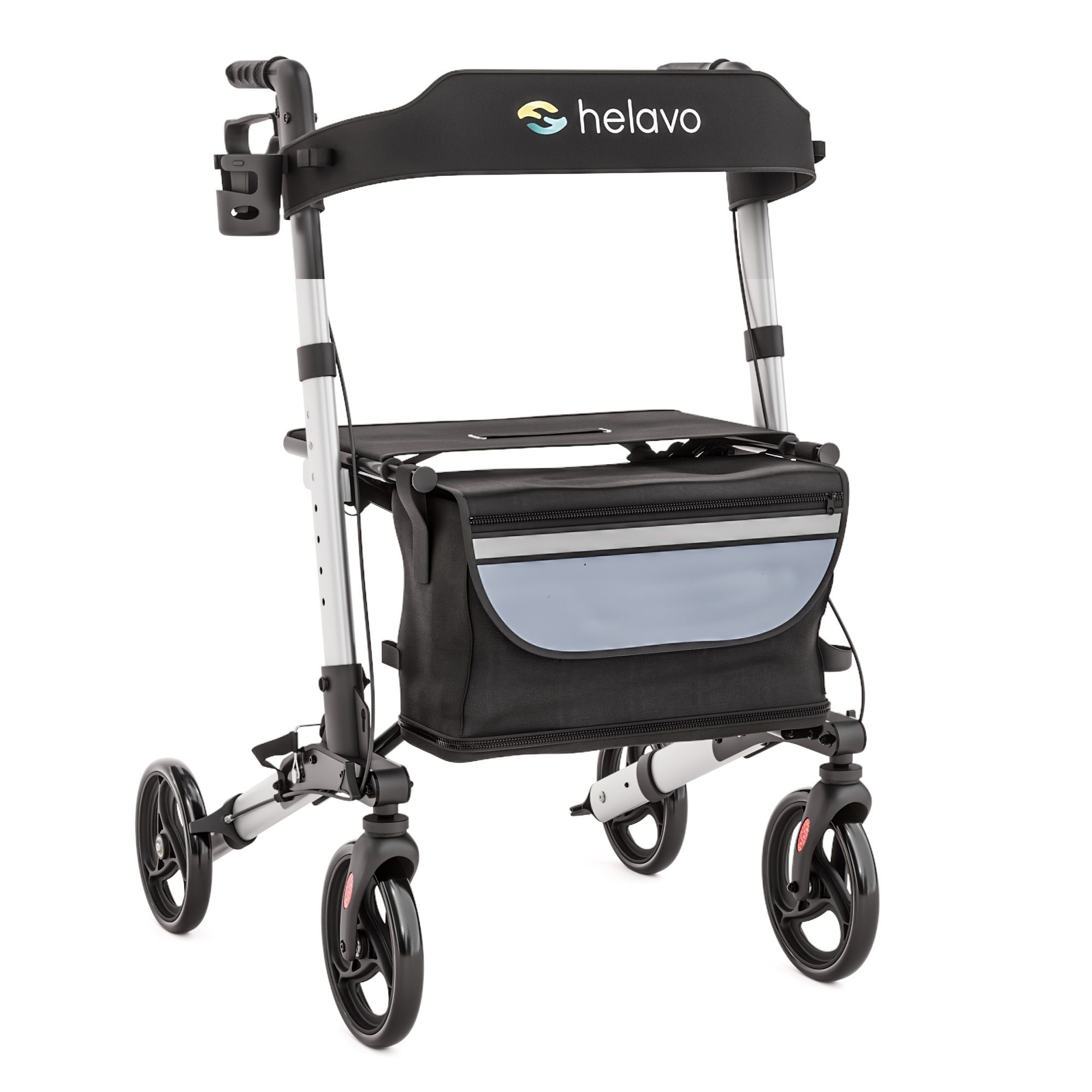 Faltbarer Aluminium-Rollator mit Sitz und Tasche, silber und schwarz.