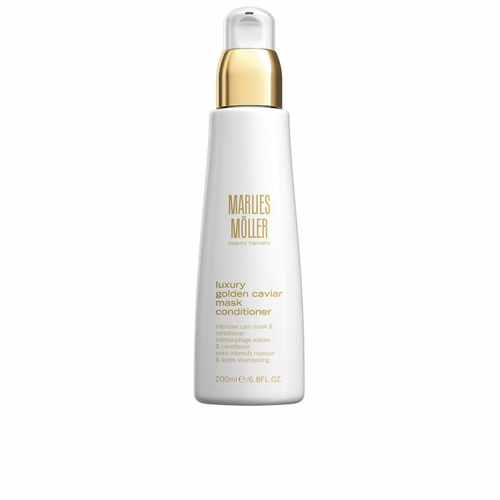 Weiße Flasche mit goldenem Deckel. Aufschrift: Marlies Möller, Luxury Golden Caviar Mask Conditioner. 200ml/6.8FL.OZ.