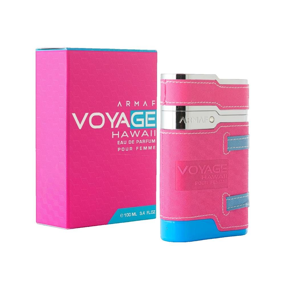 Rosa Verpackung und Flakon. Aufschrift: Armaf Voyage Hawaii Eau de Parfum Pour Femme.