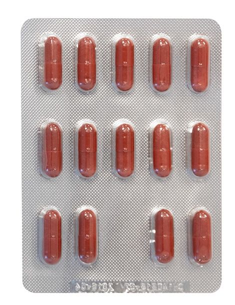 Blisterpackung mit 15 braunen Kapseln.