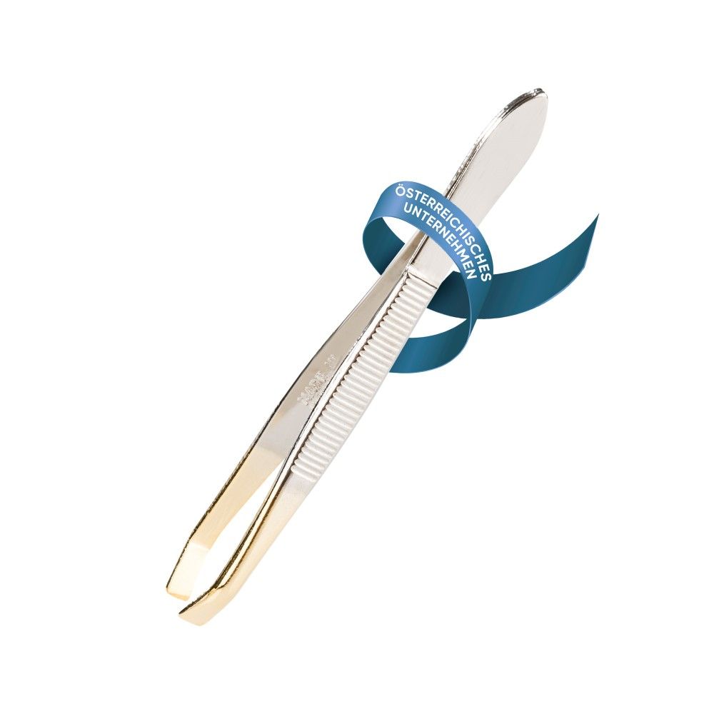 Gekröpfte Pinzette mit vergoldeter Spitze, 8 cm, mit Band 'Österreichisches Unternehmen'.