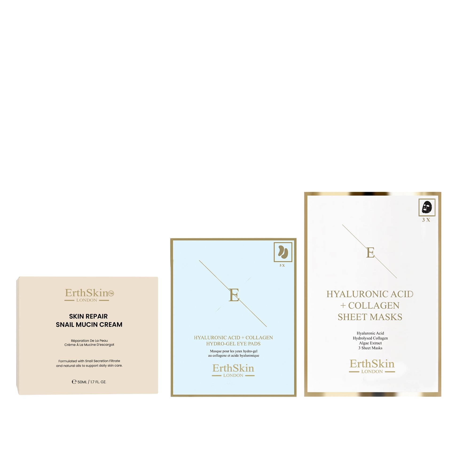 ErthSkin London Hautpflege-Set: Kartonverpackung für Schneckencreme, Augenpads und Kollagen-Tuchmasken.