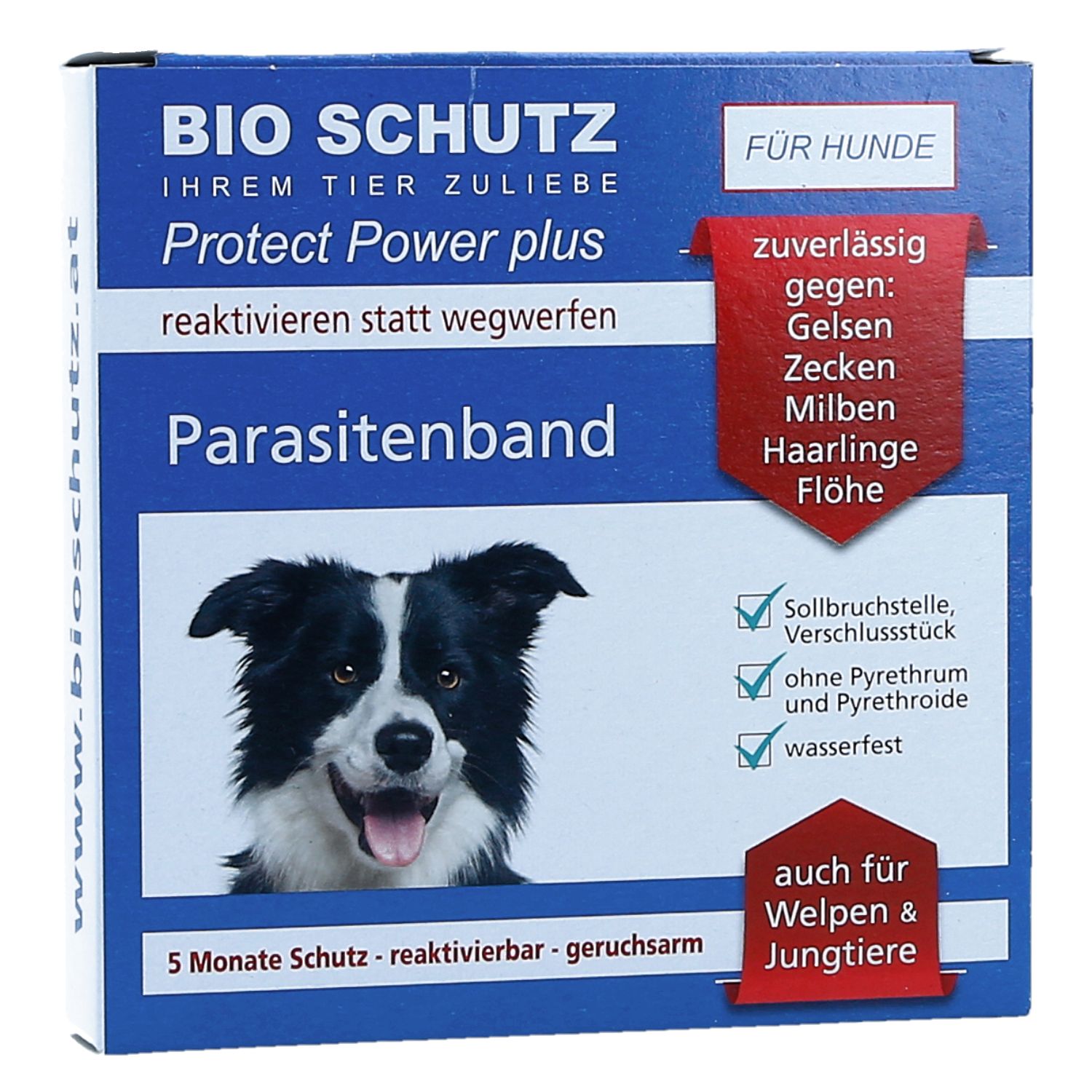Verpackung mit Produktabbildung. Text: BIO SCHUTZ Protect Power plus Parasitenband. Für Hunde. Gegen Gelsen, Zecken, Milben, Haarlinge, Flöhe.