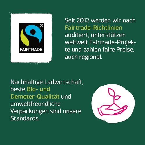 Fairtrade-Siegel und Hinweis auf nachhaltige Landwirtschaft, Bio- und Demeter-Qualität.