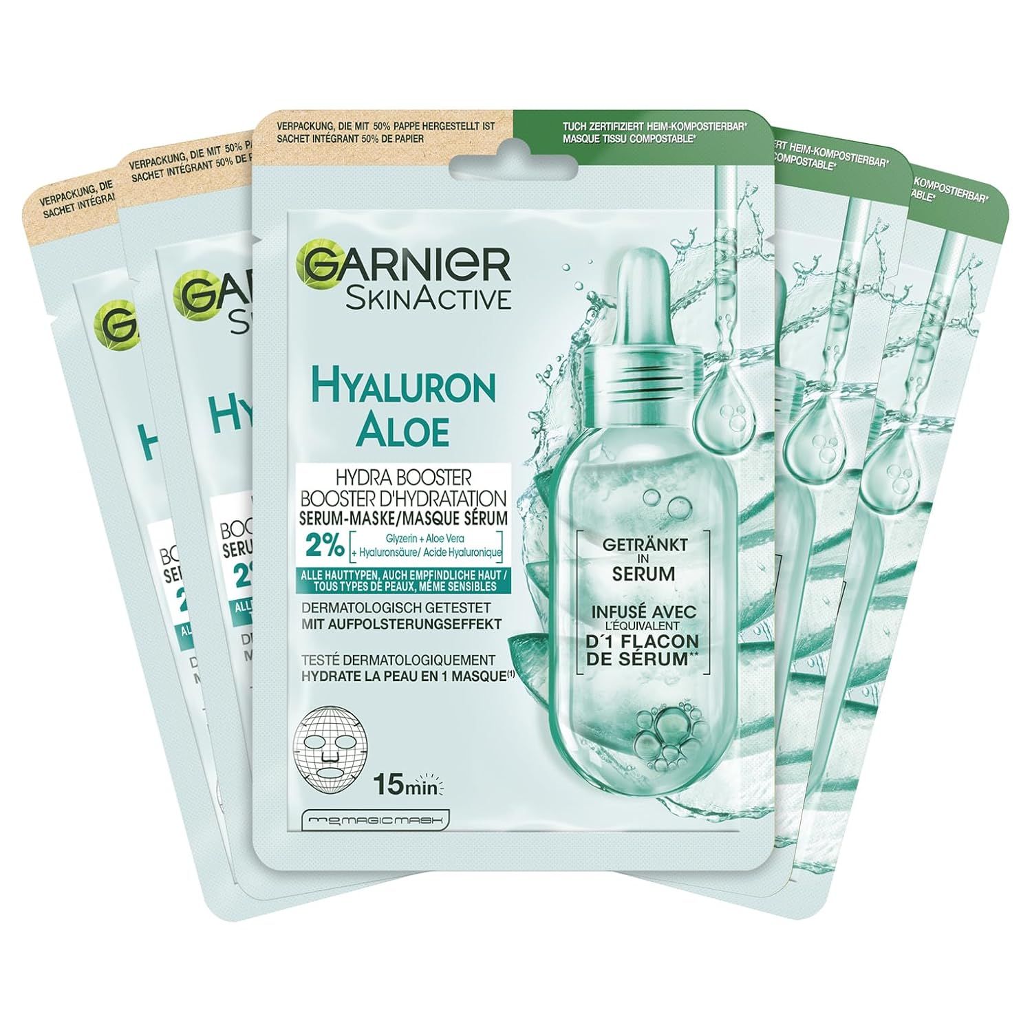 Mehrere Packungen Garnier Tuchmaske Aloe Hydra Booster Serum. Verpackung mit Produktinformationen und Logo.