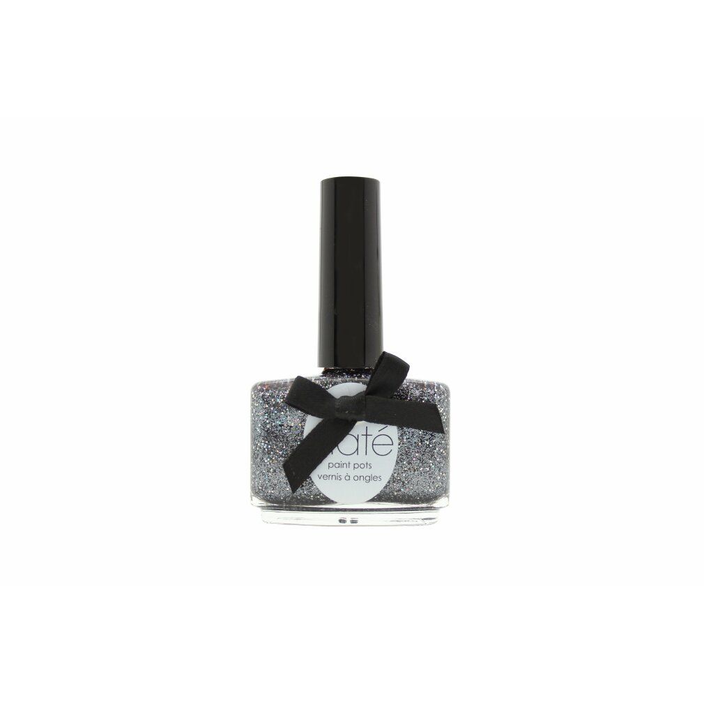 Nagellackflasche mit schwarzem Deckel und Schleife. Silberner Glitzerlack. Aufschrift: Ciaté paint pot.