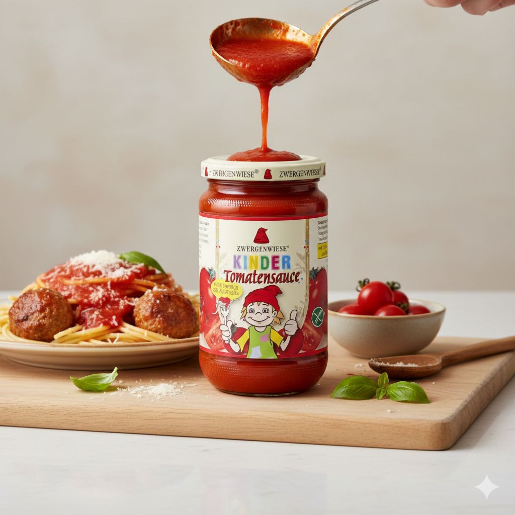 Zwergenwiese Kinder Tomatensauce mit Fleischbällchen und Nudeln.